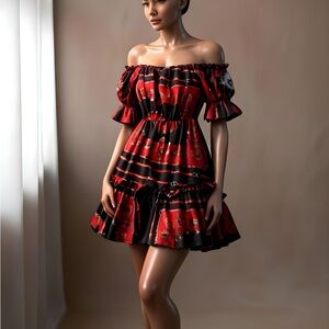 Elegant Off-Shoulder Red and Black Dress